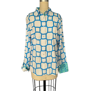 Tizzie Blue & White Geometric Blouse XL Rome Shirt NWT